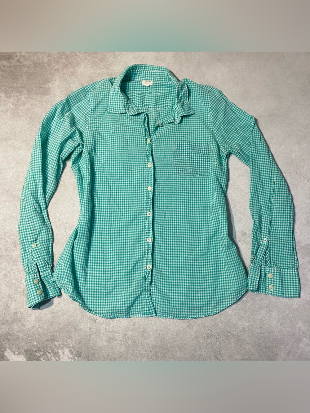 J.Crew Factory Perfect Shirt Green White Gingham Button Up Long Sleeve Women’s M
